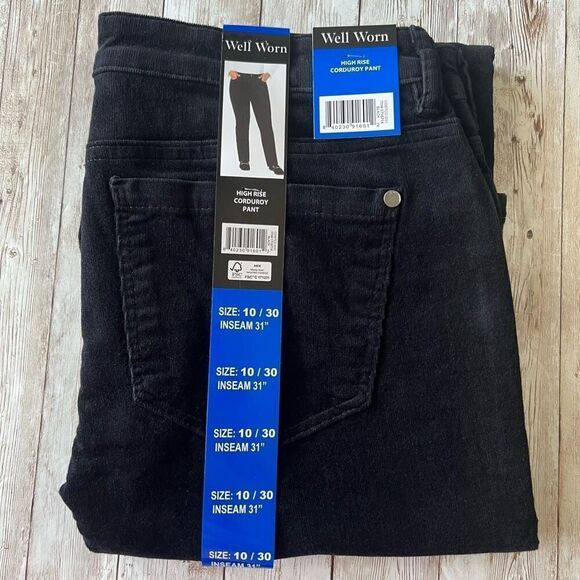 WELL WORN Corduroy Pants Women’s Sz 10 Black High Rise Straight Leg Stretch NWT - Picture 1 of 10